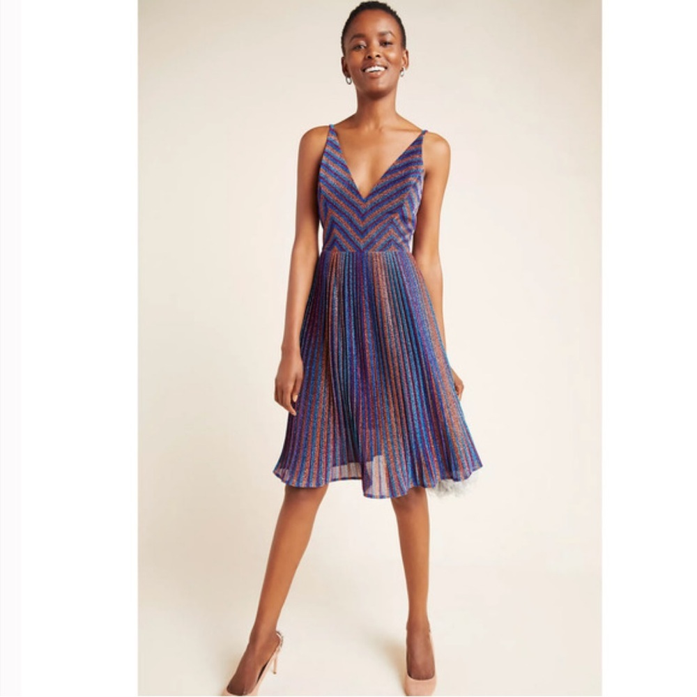 Sleeveless V-Neck Blue Multi-Stripe Party Dress